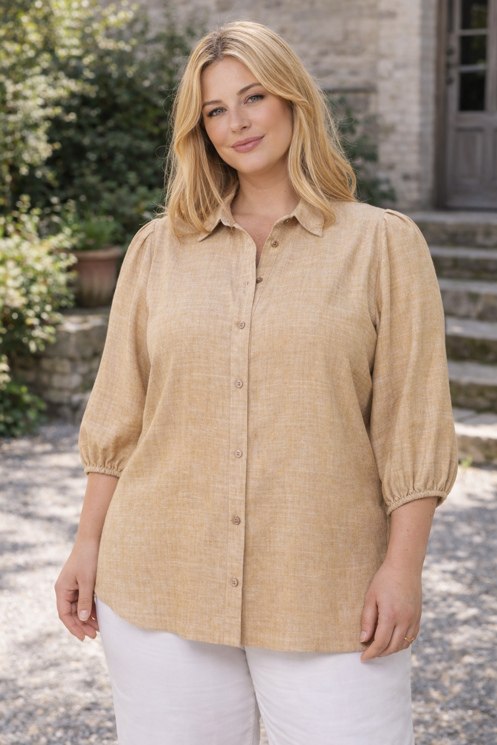 Camel Linnen Blouse Met Kraag