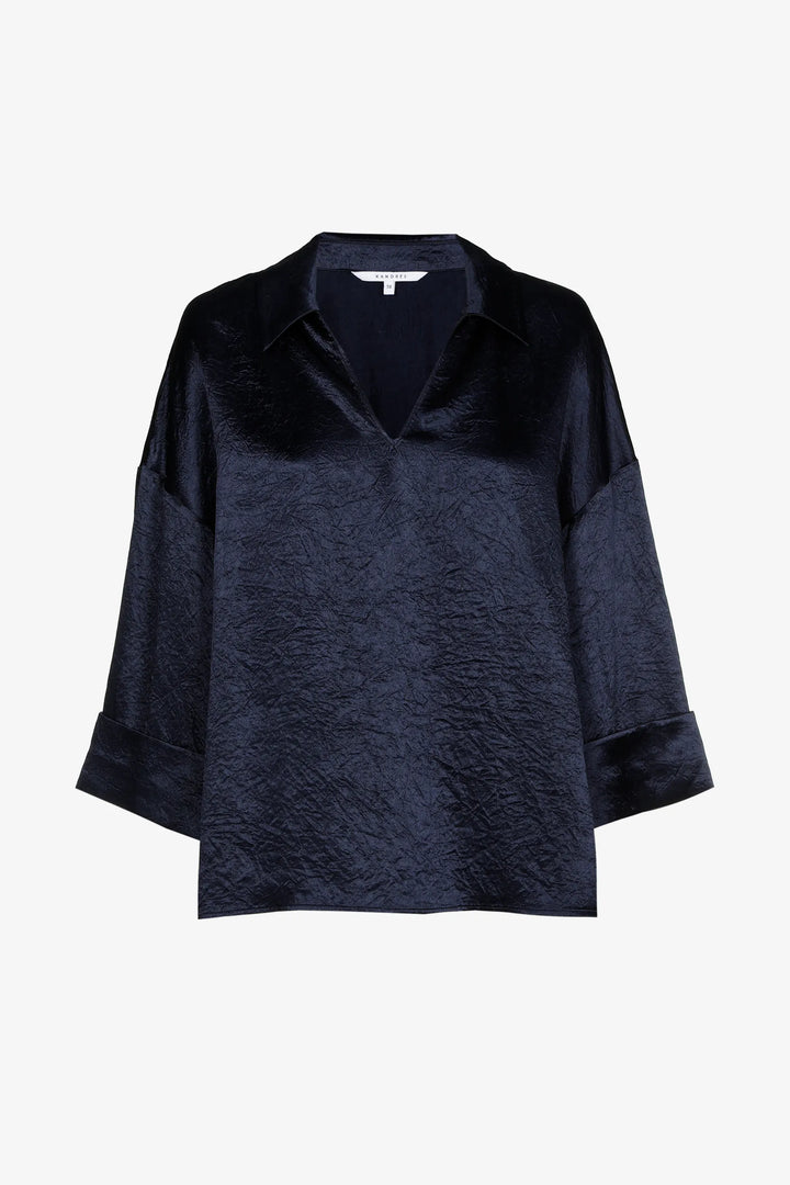 Diepblauwe blouse in glanzende crinkle-stof