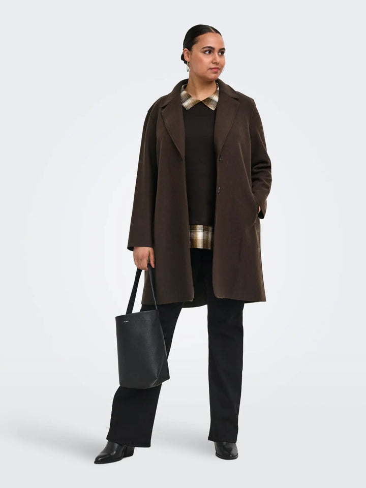 Bruine Lange Damesmantel met Revers