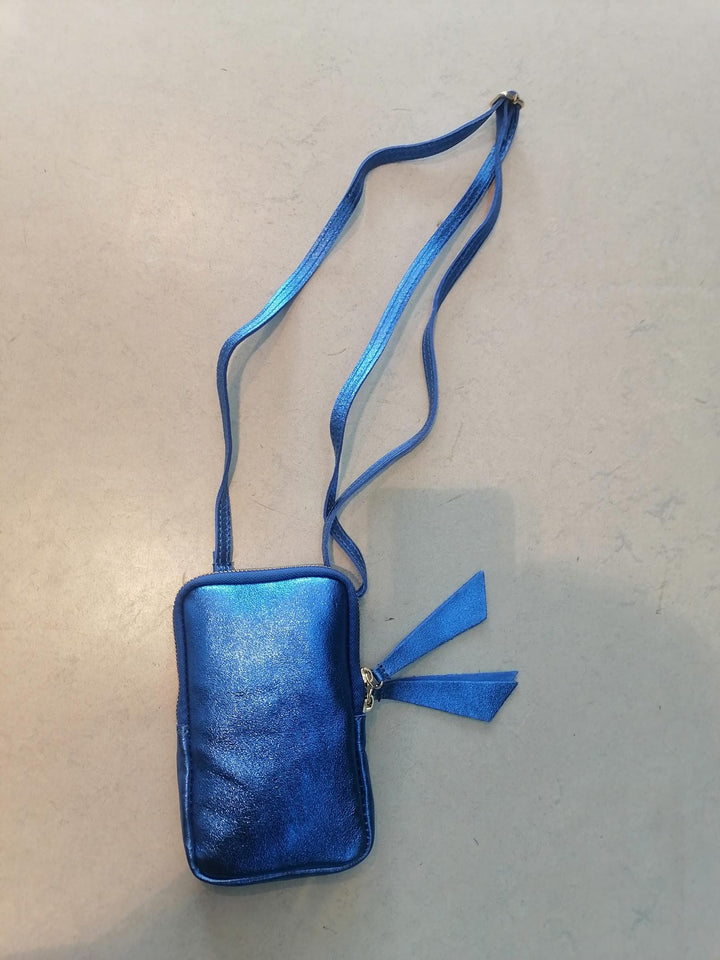 Mini blue metallic crossbody bag made of leather 