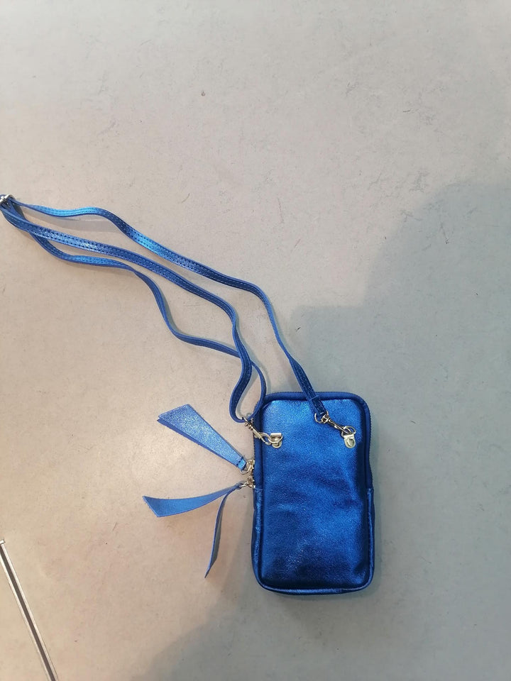 Mini blauwe metallic crossbody tas van leder