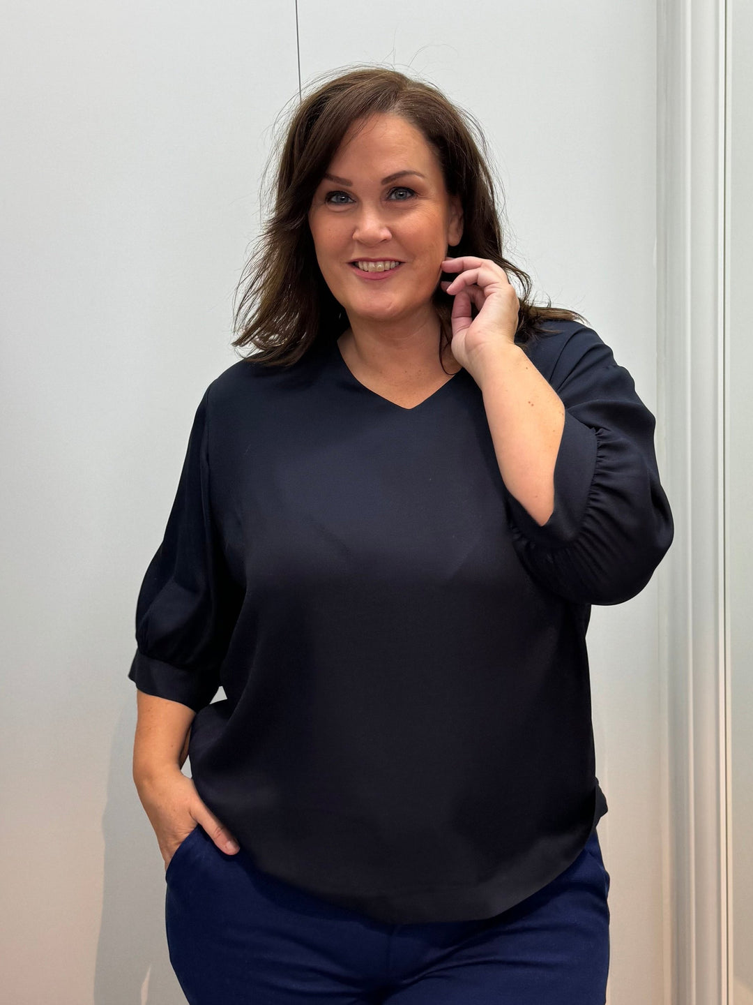 navy blouse met halflange mouwen