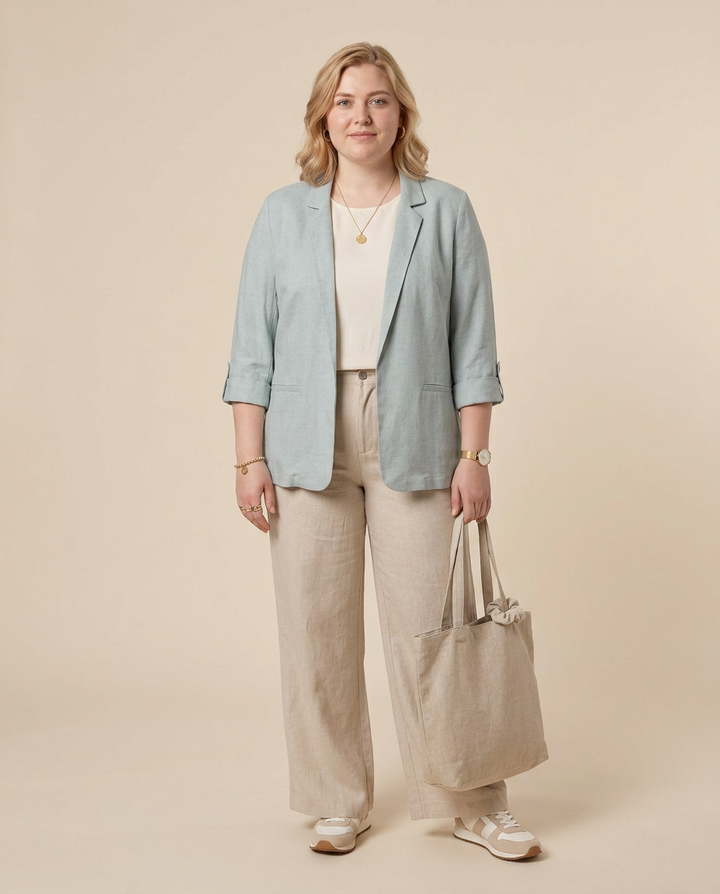 Munt Blazer Met Linnenlook En 3/4 Mouwen
