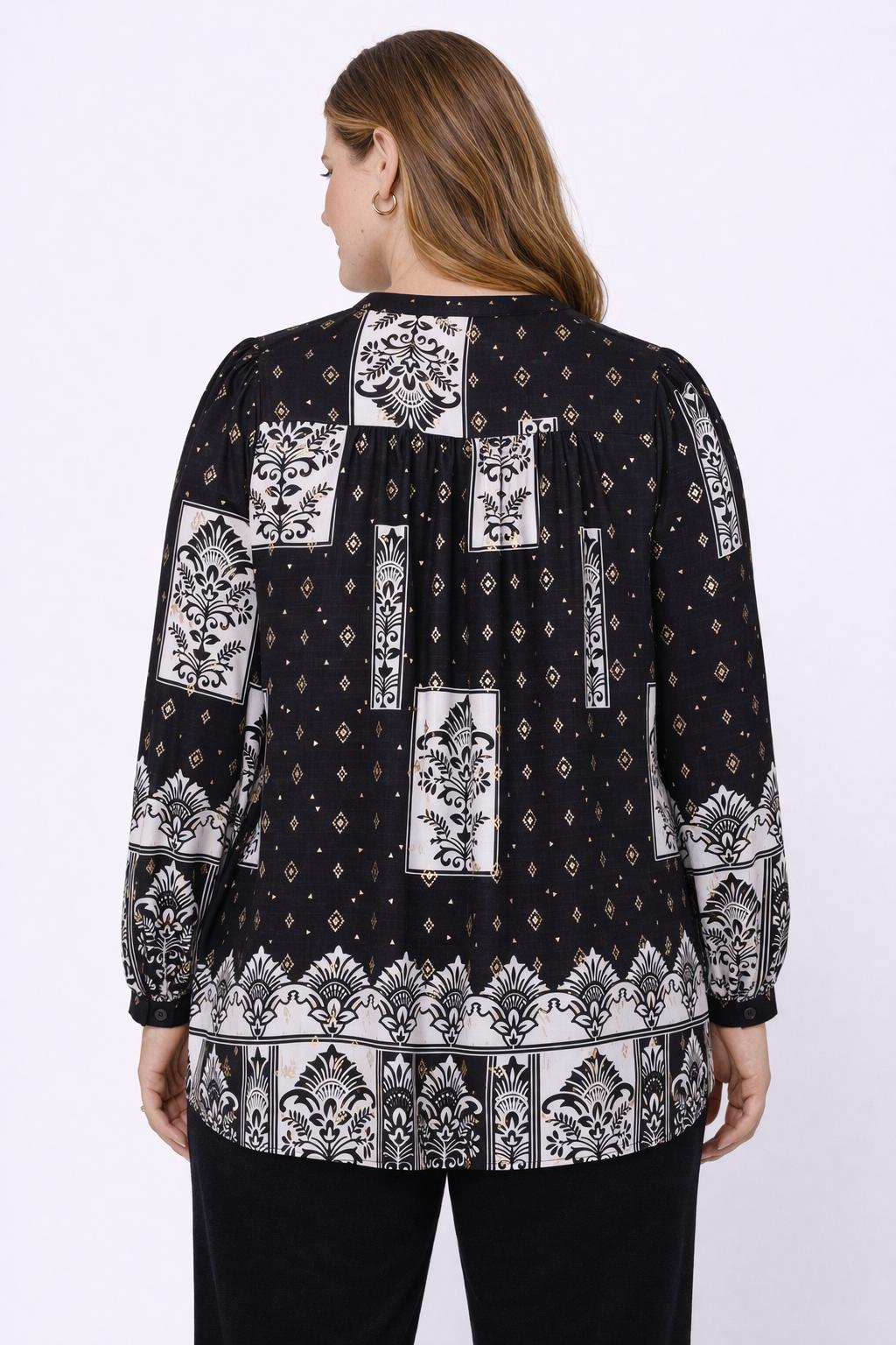 Zwart Gouden Blouse Met Printpatroon