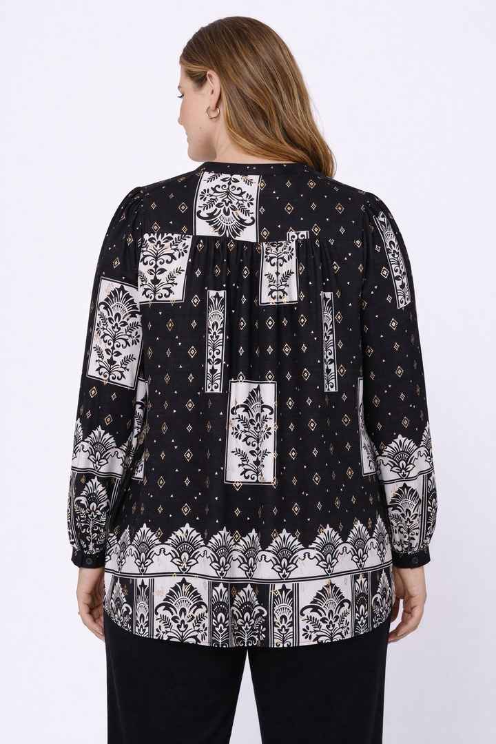 Zwart Gouden Blouse Met Printpatroon