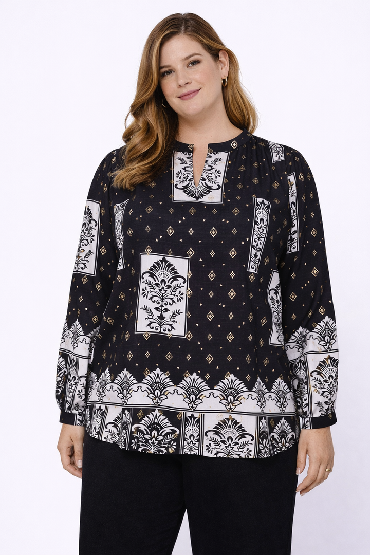 Zwart Gouden Blouse Met Printpatroon