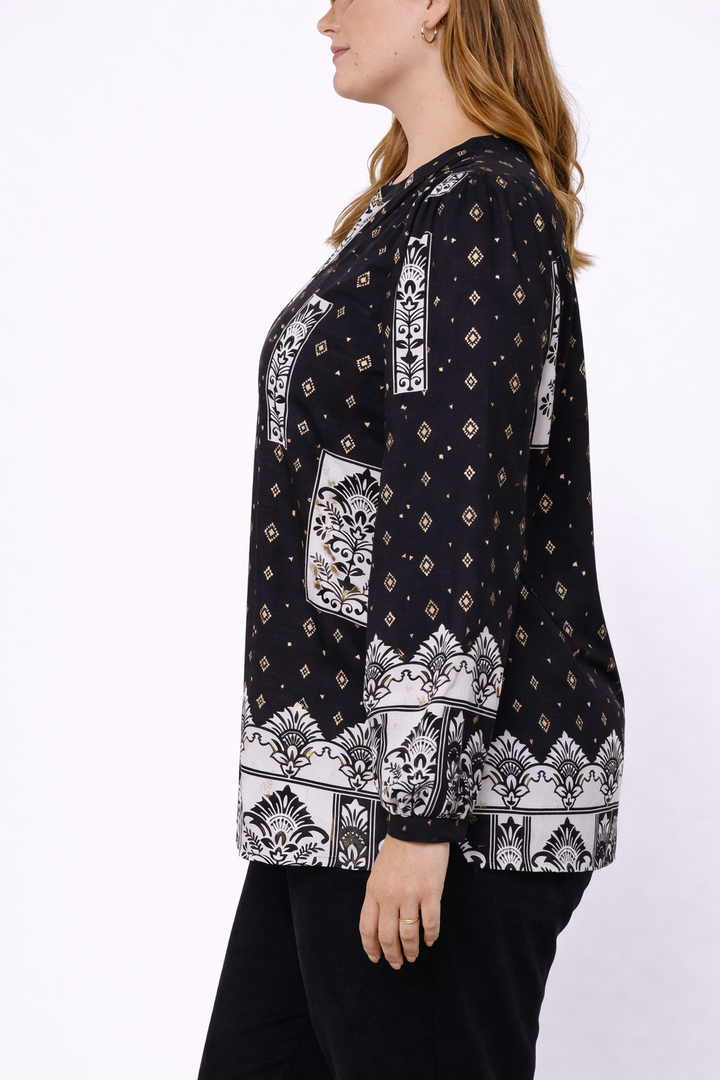 Zwart Gouden Blouse Met Printpatroon