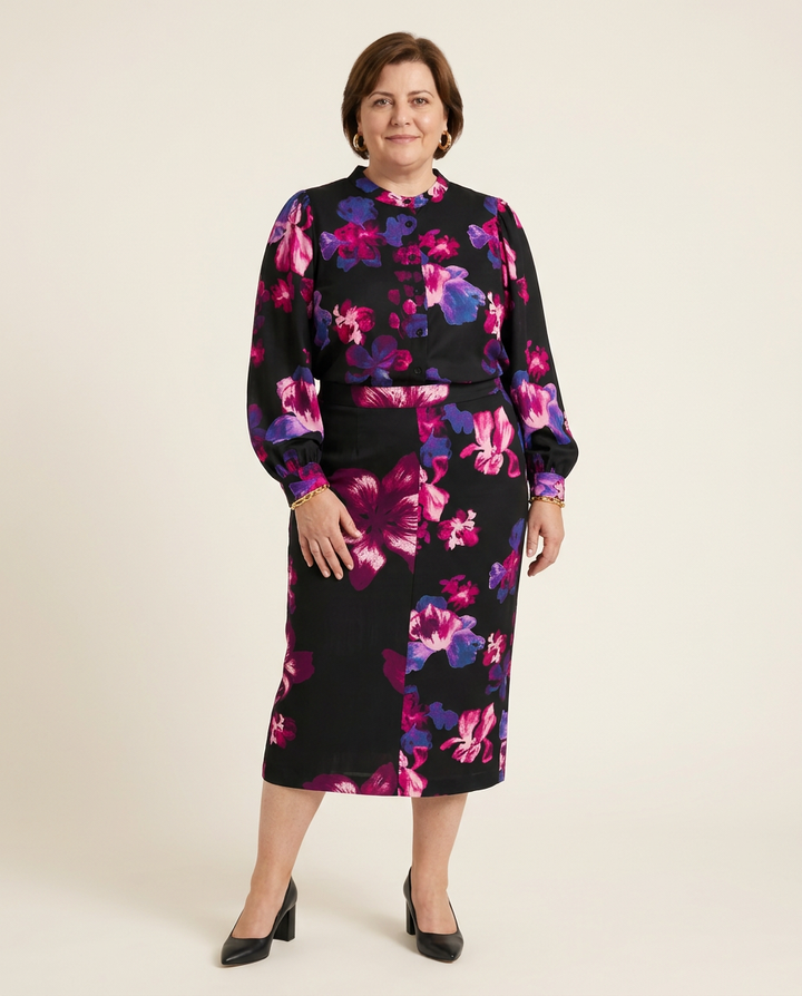 Zwarte Kokerrok Met Bloemenprint