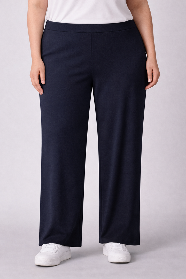 Blauwe Rechte Broek Met Elastische Tailleband