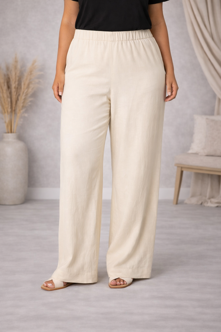 Beige Rechte Linnen Broek