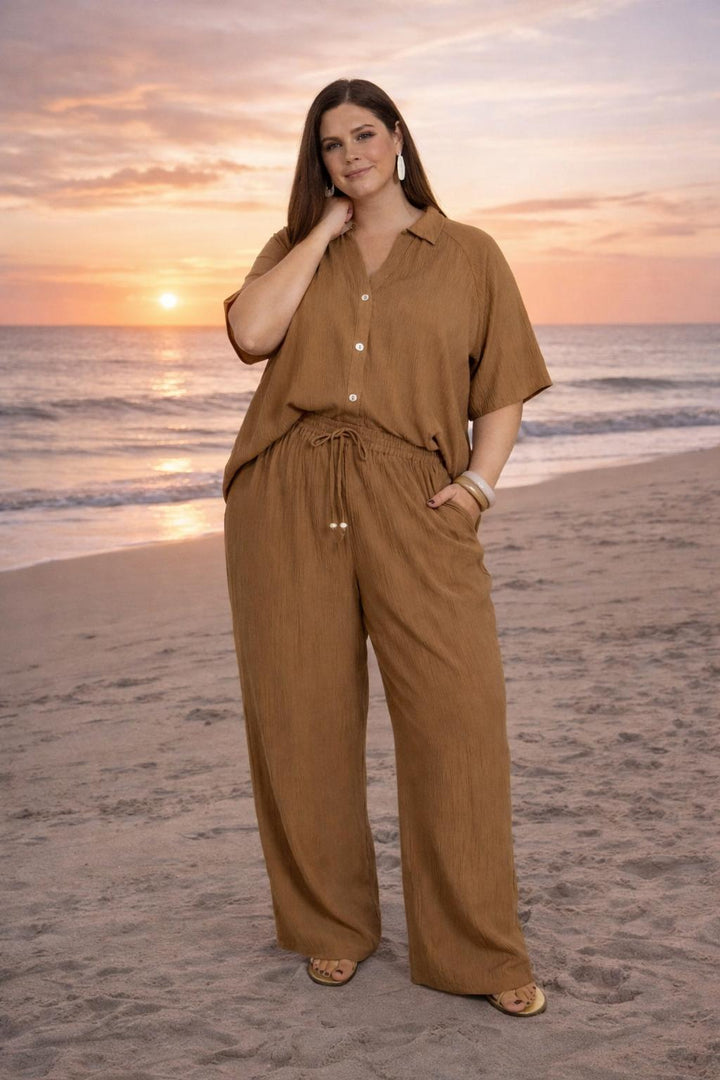 Camelkleurige Blouse Met Kreukeffect