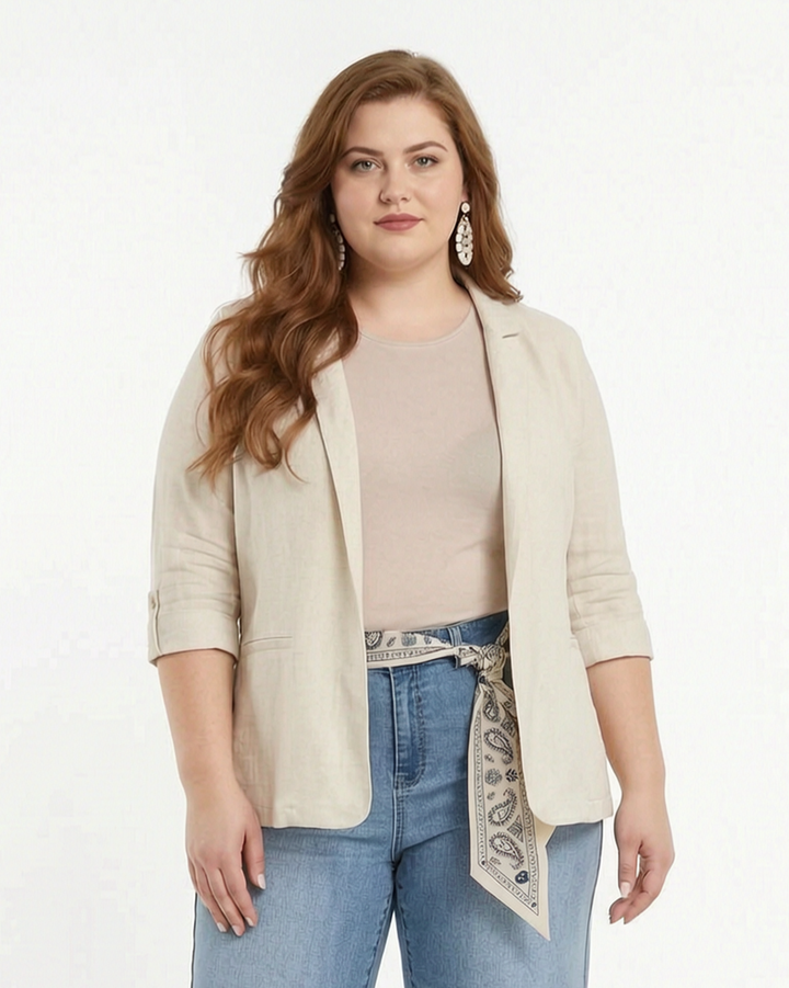 Ecru Blazer Met Linnenlook En 3/4 Mouwen