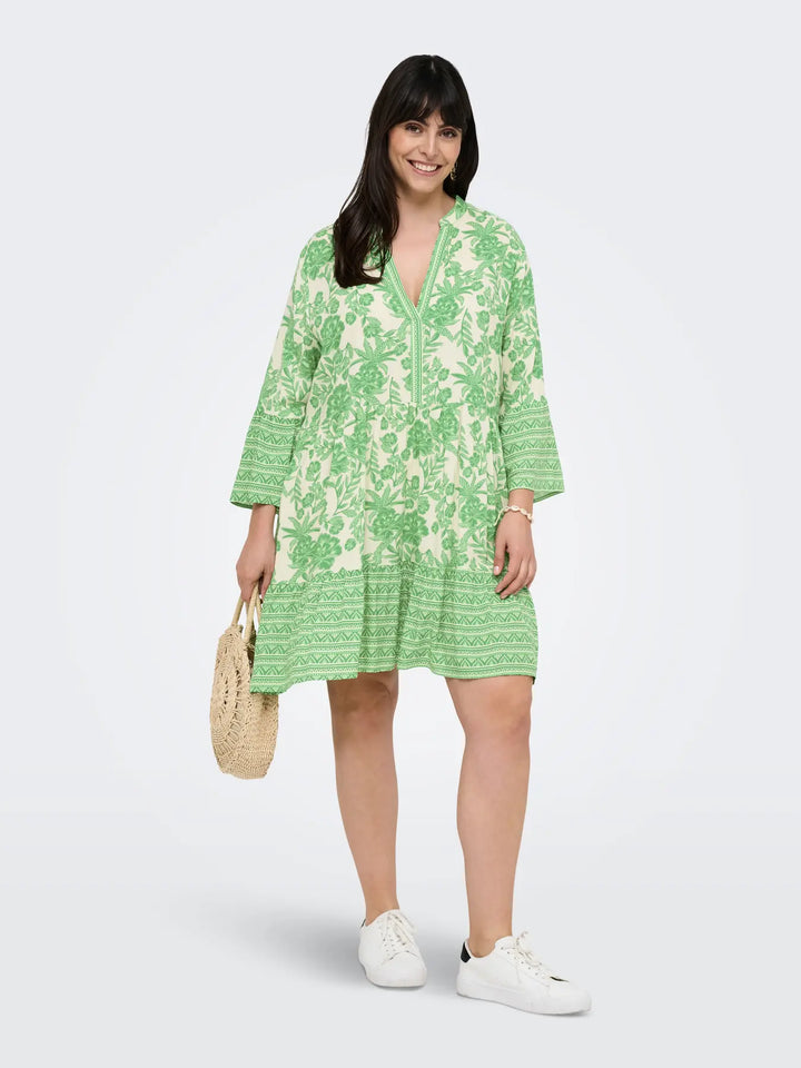 Groene Gebloemde Tuniekjurk Met V-Hals