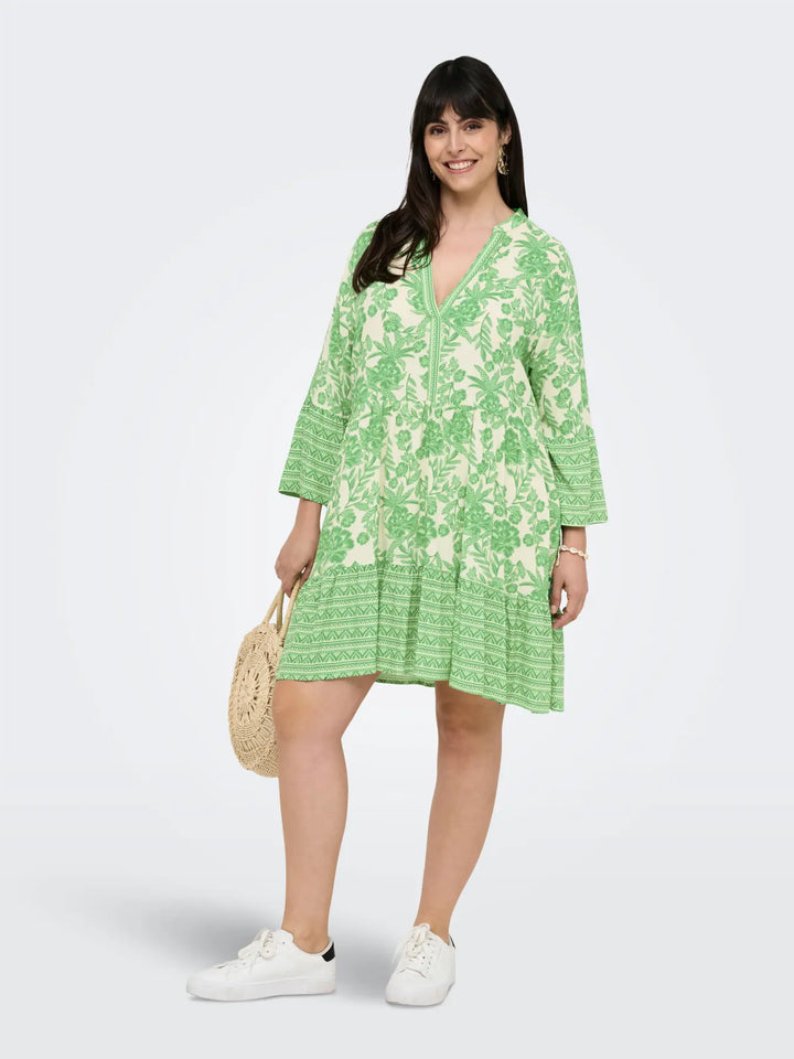Groene Gebloemde Tuniekjurk Met V-Hals