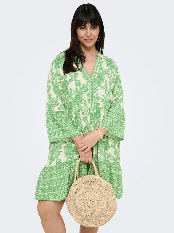 Groene Gebloemde Tuniekjurk Met V-Hals