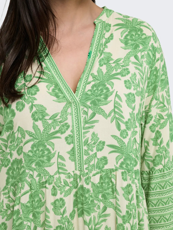 Groene Gebloemde Tuniekjurk Met V-Hals