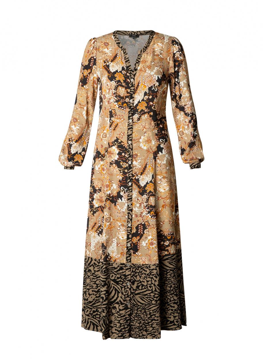 lange jurk baukelien in warme karamel tinten - yesta - A002184 - grote maten - dameskleding - kledingwinkel - herent - leuven